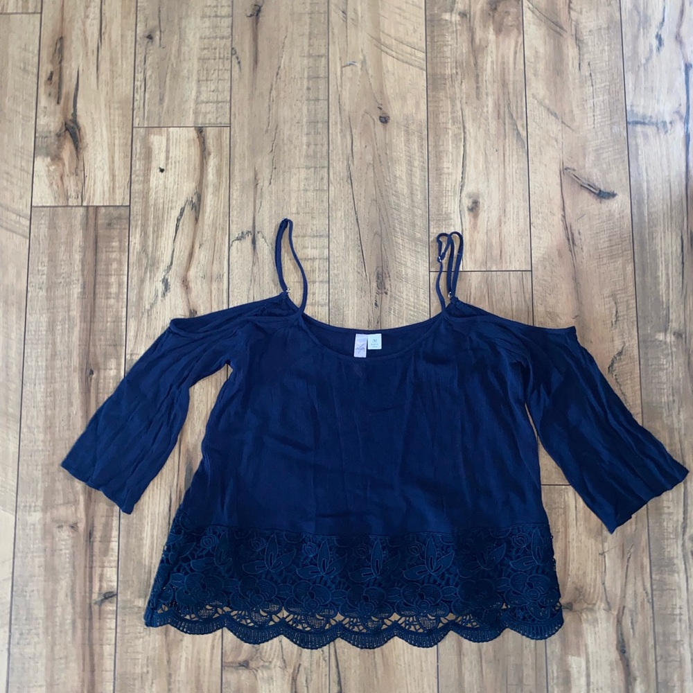 blue off the shoulder shirt